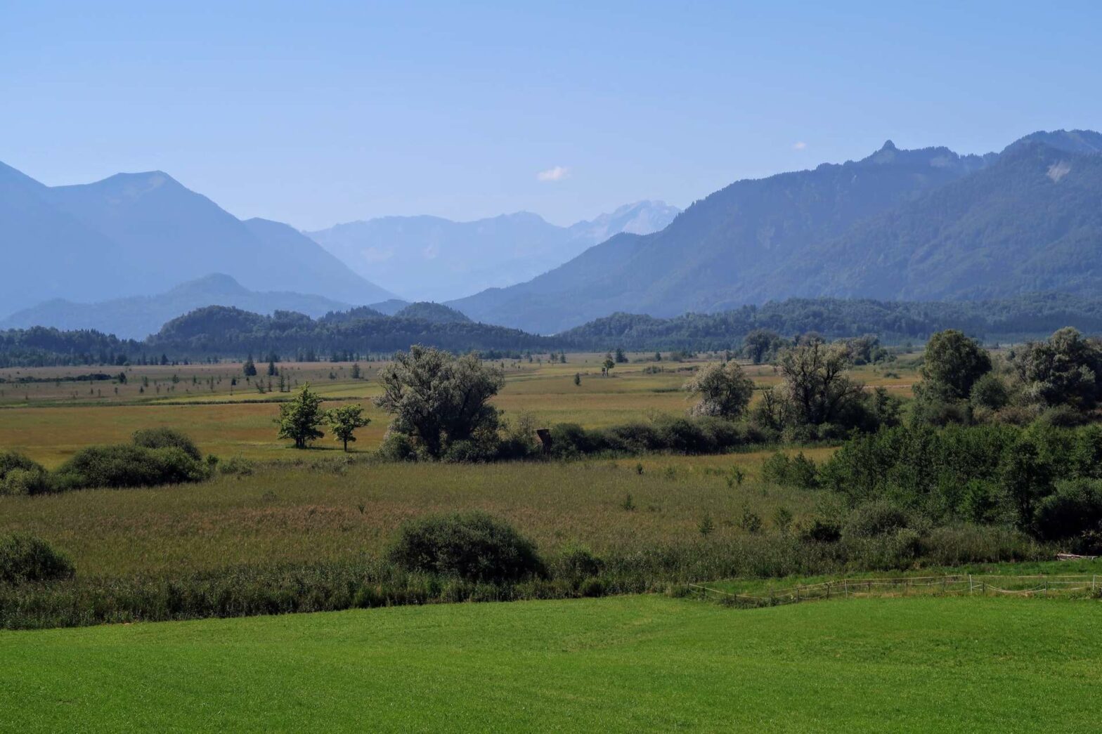 Views over the Murnauer Moos to the Alps in Germany