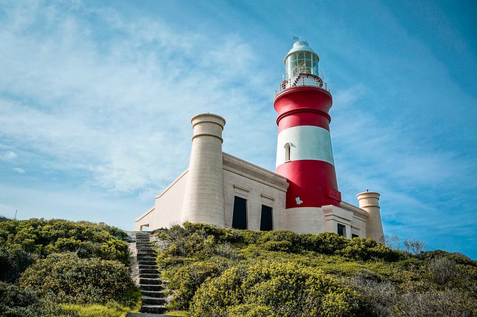 The historic Cape Agulhas Lighthouse at the southern tip of Africa in South Africa.