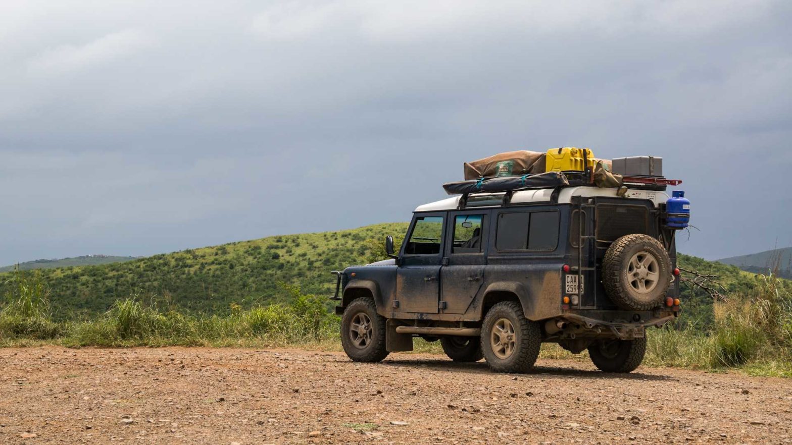 Our Defender Nyala on a gravel road in South Africa.
