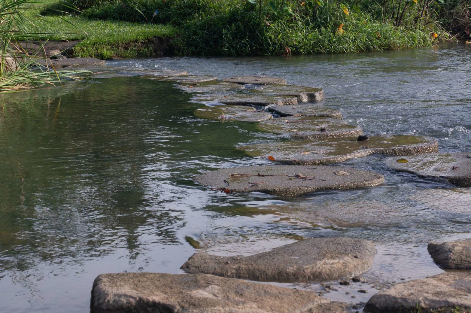 Stepping stones across the Kallang River in Bishan-Ang Mo Kio Park.